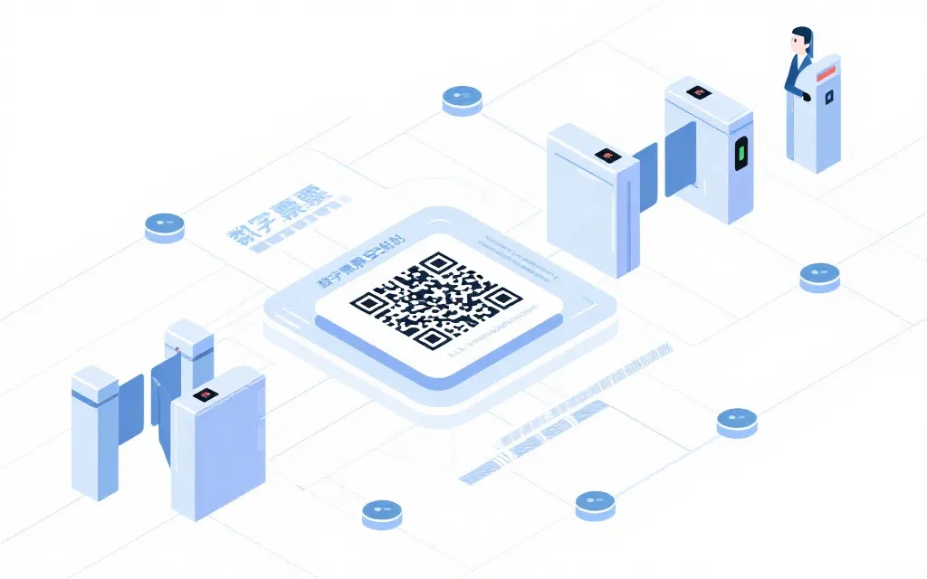 数字安全与票务系统概念图，二维码与闸机、安检联动