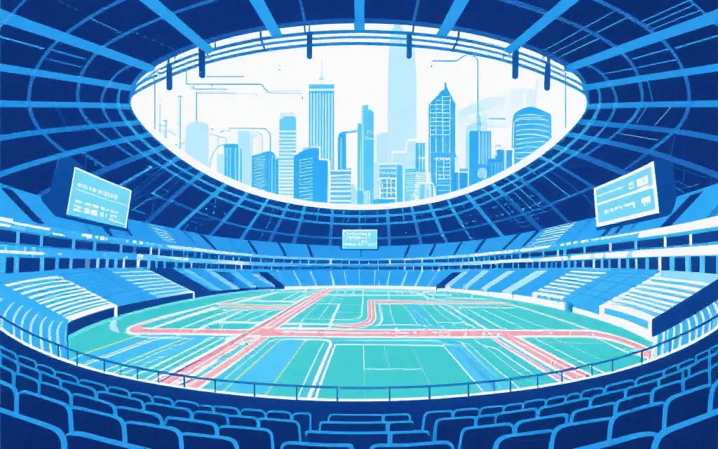 体育场剖面与城市交通线条的概念插画，表现决赛城市评估与运营系统
