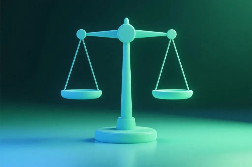 抽象的3D天平模型，代表情绪与财务的平衡，背景为柔和的绿色与蓝色光影